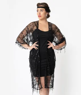 1920s Style Black Sequin Mesh Long Kimono