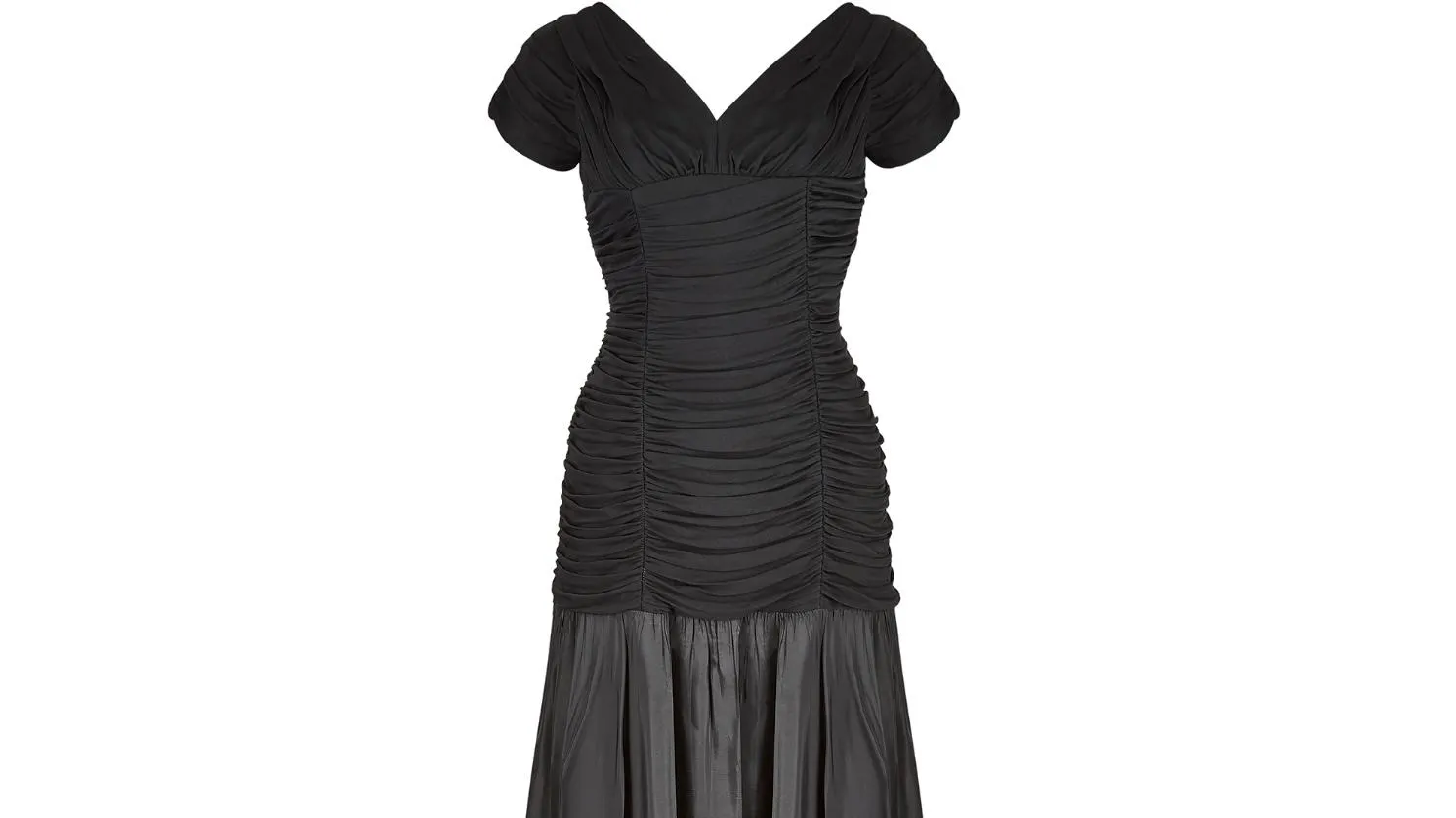 1950s Ceil Chapman Black Taffeta and Ruched Silk Jersey Dress