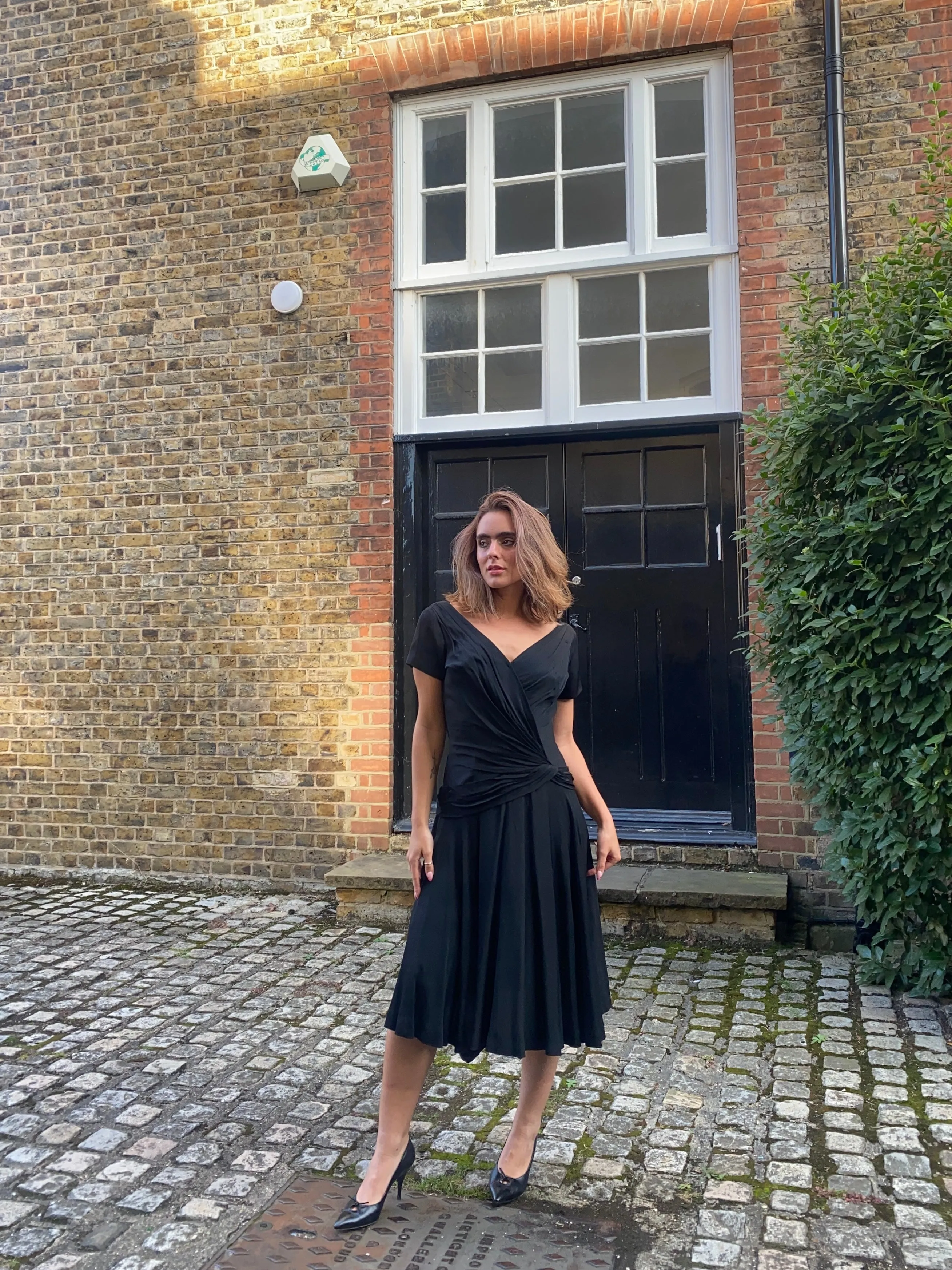 1950s Ceil Chapman Black Taffeta and Ruched Silk Jersey Dress