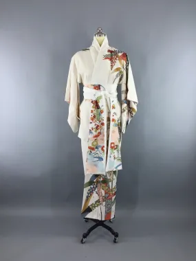 1980s Vintage Kimono Robe with White Floral Print