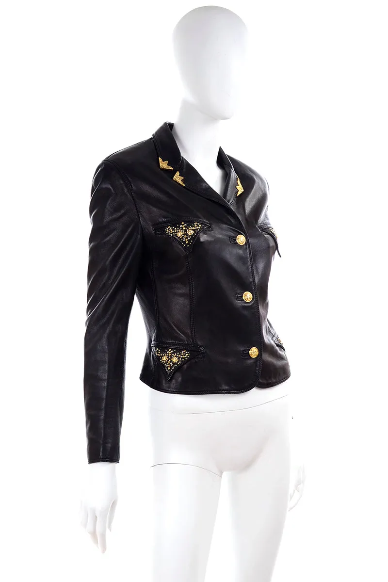 1990s Gianni Versace Lambskin Leather Black Jacket w Medusa Buttons & Studs