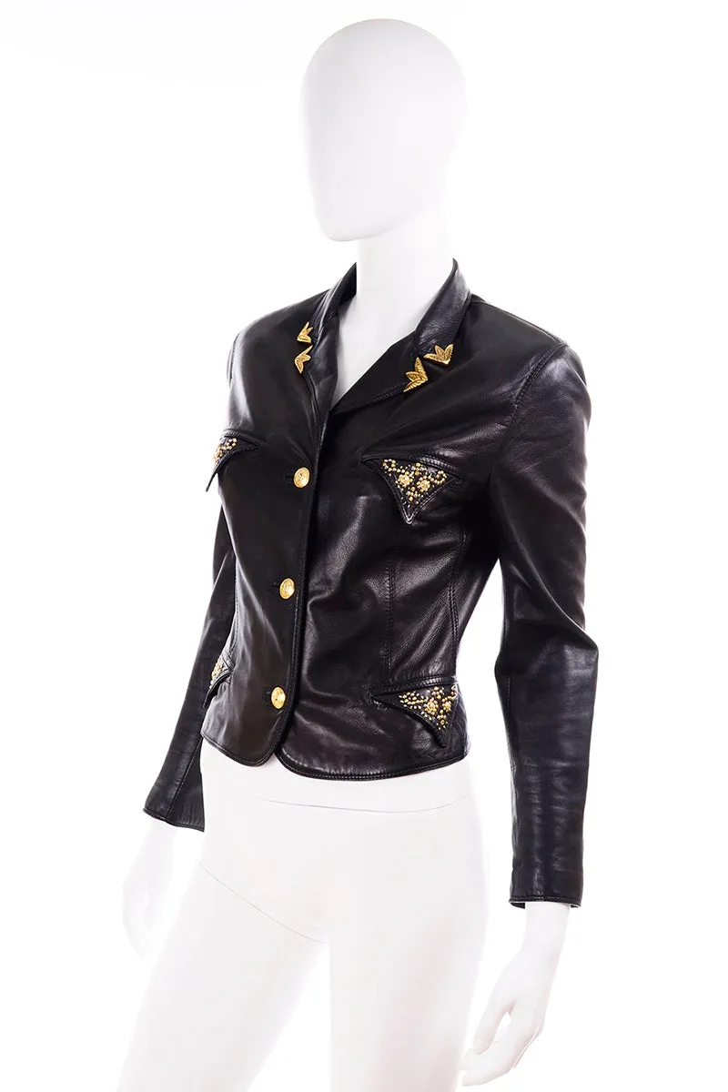 1990s Gianni Versace Lambskin Leather Black Jacket w Medusa Buttons & Studs