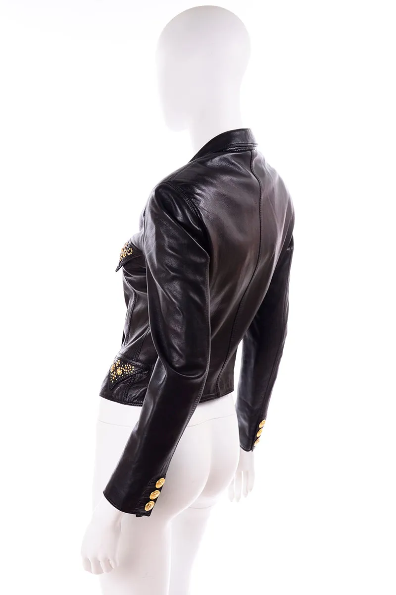 1990s Gianni Versace Lambskin Leather Black Jacket w Medusa Buttons & Studs