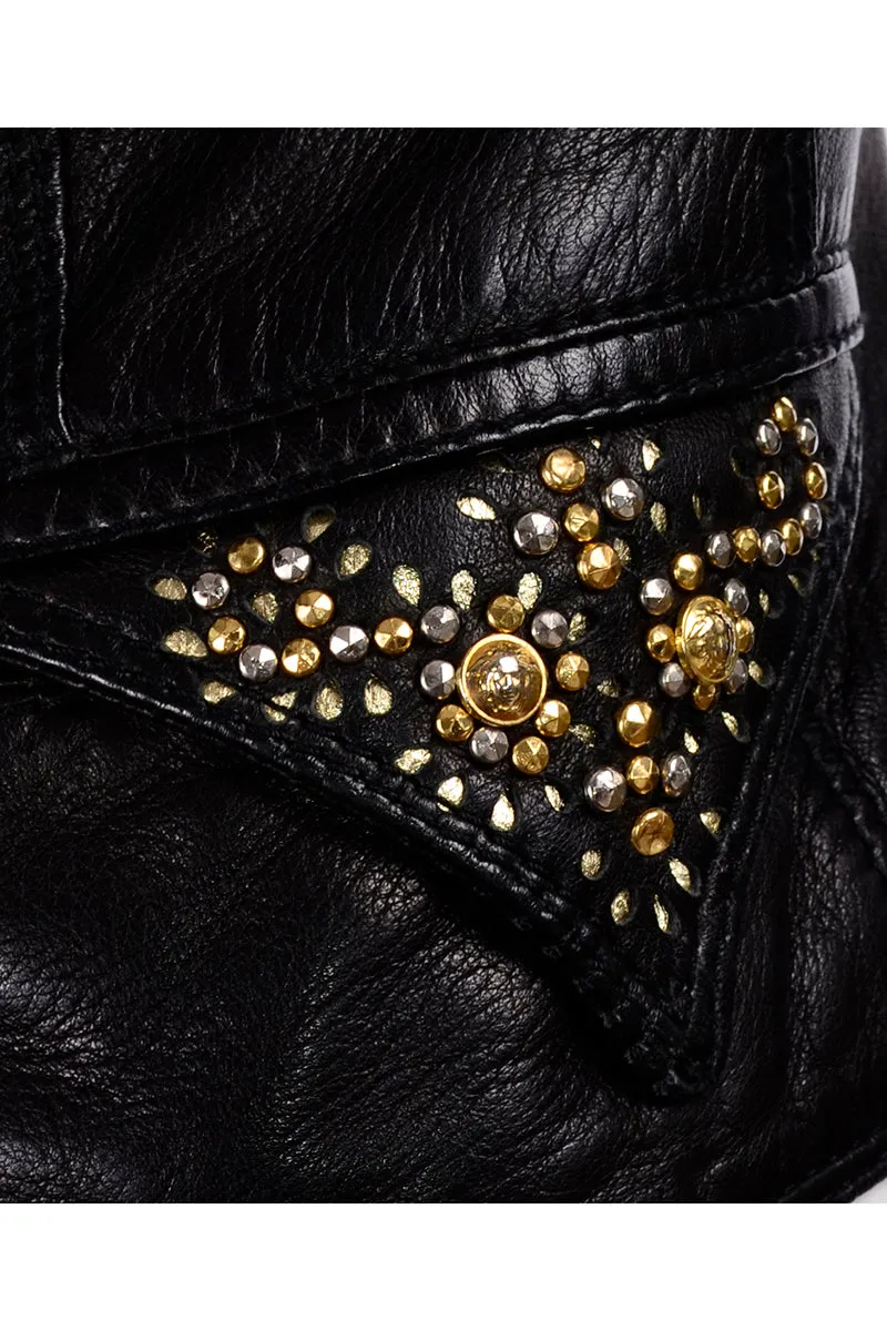 1990s Gianni Versace Lambskin Leather Black Jacket w Medusa Buttons & Studs