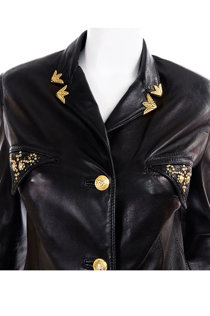 1990s Gianni Versace Lambskin Leather Black Jacket w Medusa Buttons & Studs