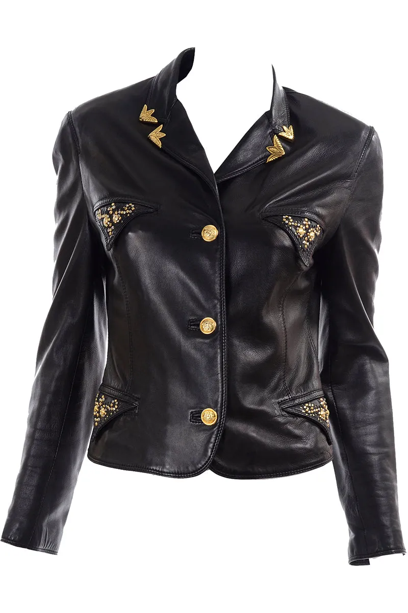 1990s Gianni Versace Lambskin Leather Black Jacket w Medusa Buttons & Studs