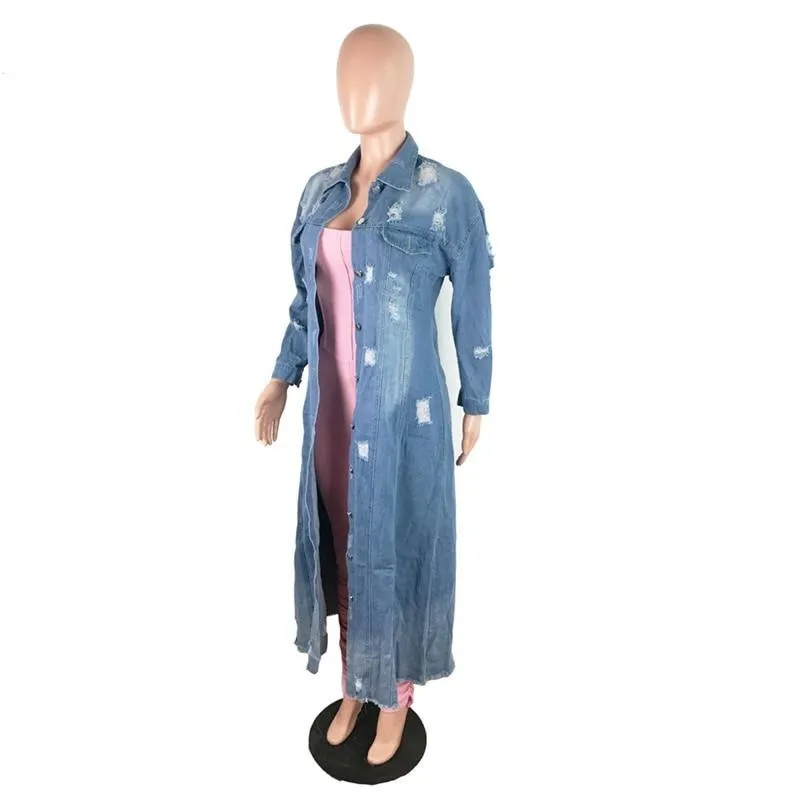 2XL Ripped Hole Blue Denim Trench Coat Turn Down Collar Long Sleeve Full Length Plus Size Women