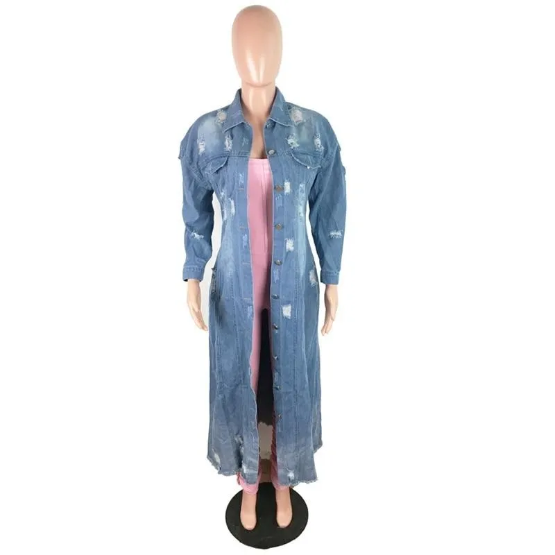 2XL Ripped Hole Blue Denim Trench Coat Turn Down Collar Long Sleeve Full Length Plus Size Women