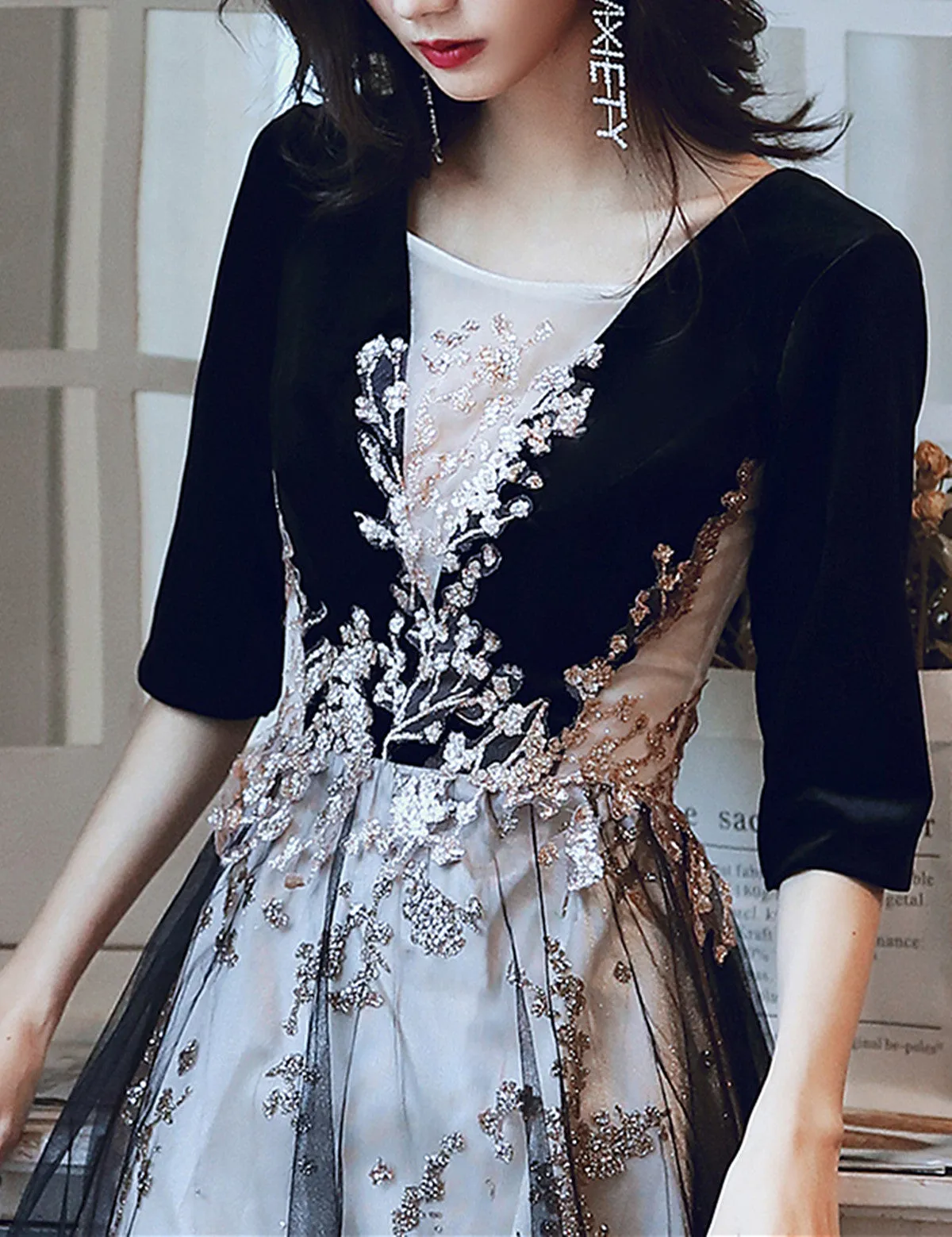 A-line Black Tulle and Velvet Long Party Dress, Black Prom Dress with Lace Applique