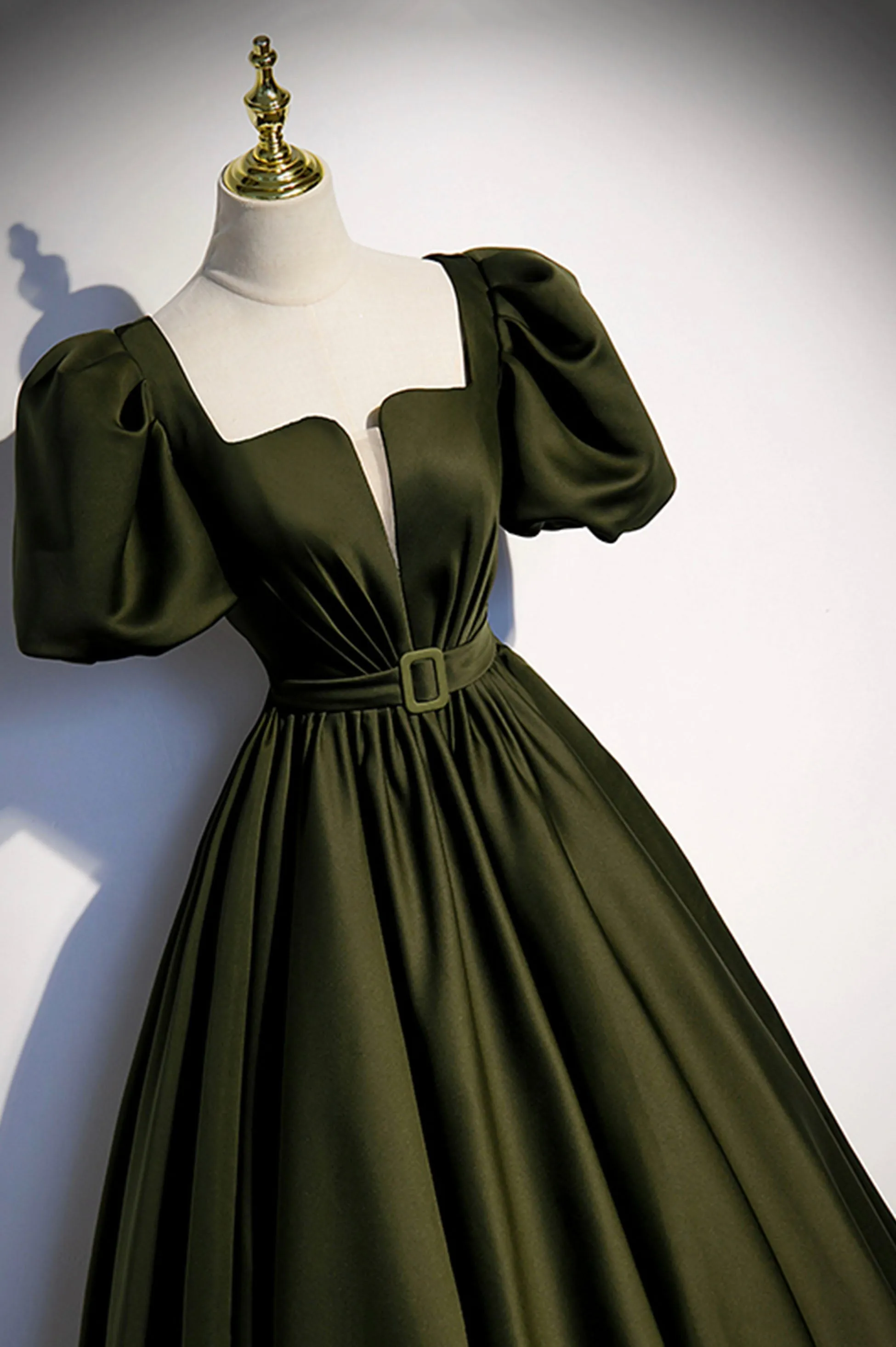 A-Line Satin Long Prom Dress, Dark Green Short Sleeve Evening Graduation Dress