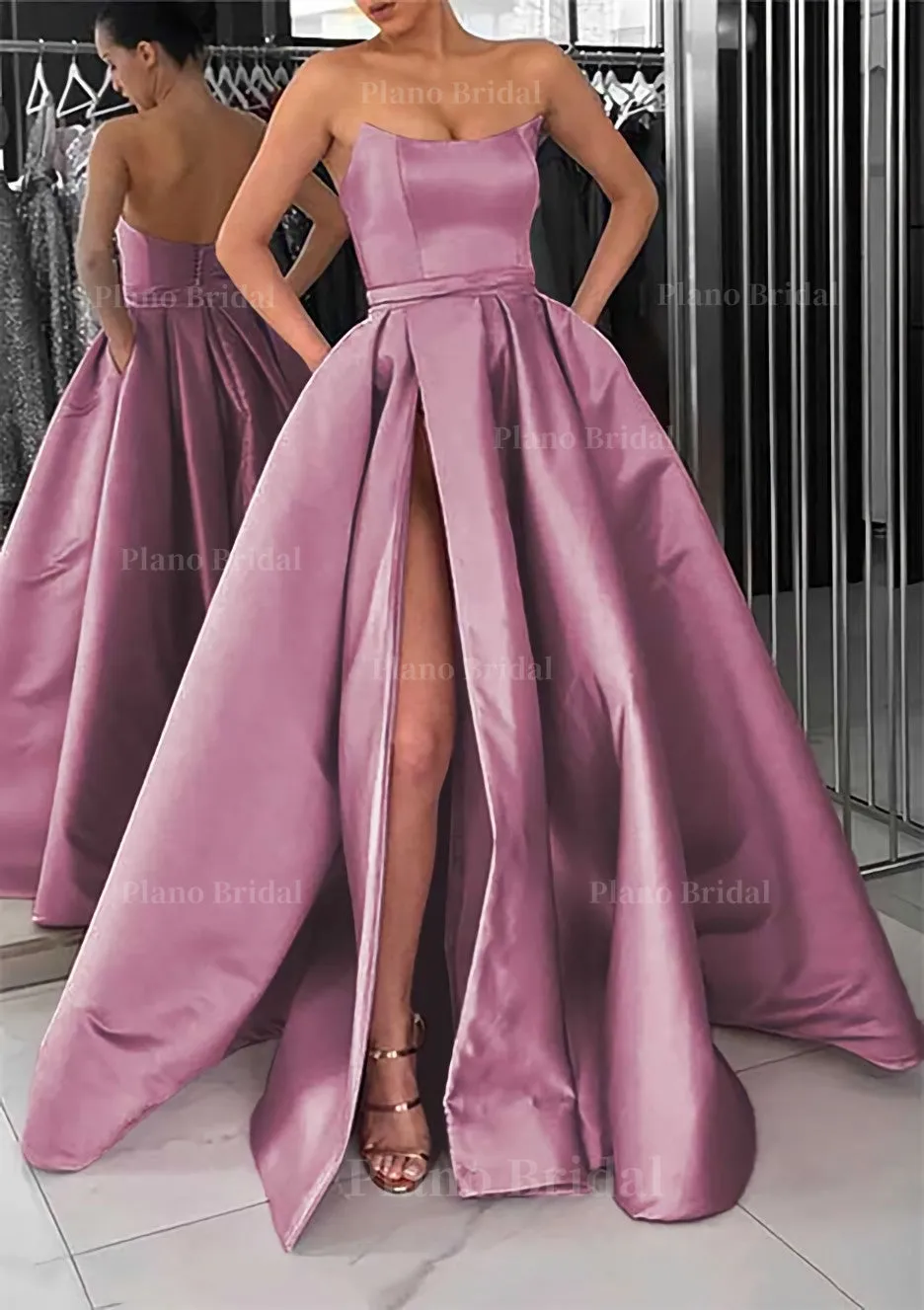 A-line Square Neckline Long/Floor-Length Satin Prom Dress With Pockets Split