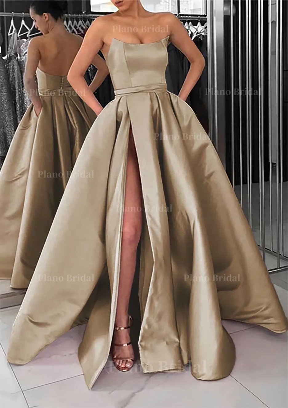 A-line Square Neckline Long/Floor-Length Satin Prom Dress With Pockets Split