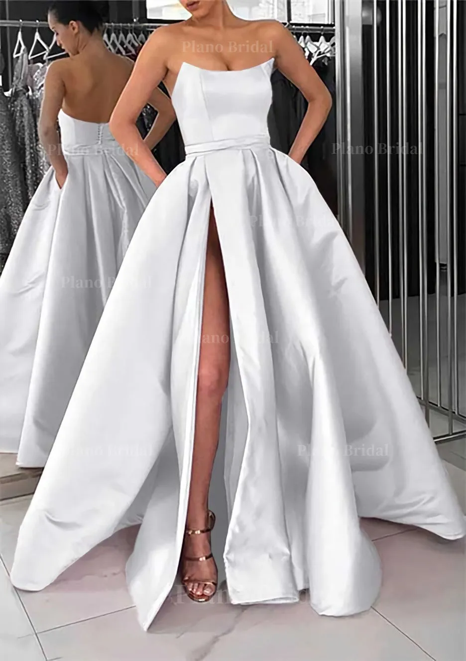 A-line Square Neckline Long/Floor-Length Satin Prom Dress With Pockets Split