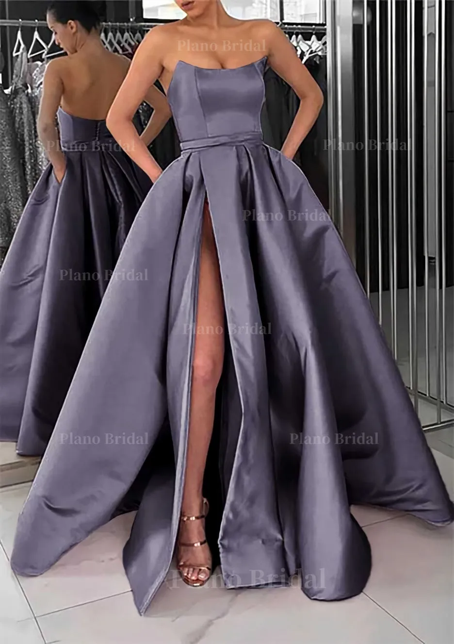 A-line Square Neckline Long/Floor-Length Satin Prom Dress With Pockets Split