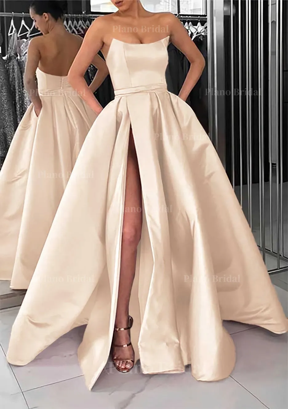 A-line Square Neckline Long/Floor-Length Satin Prom Dress With Pockets Split