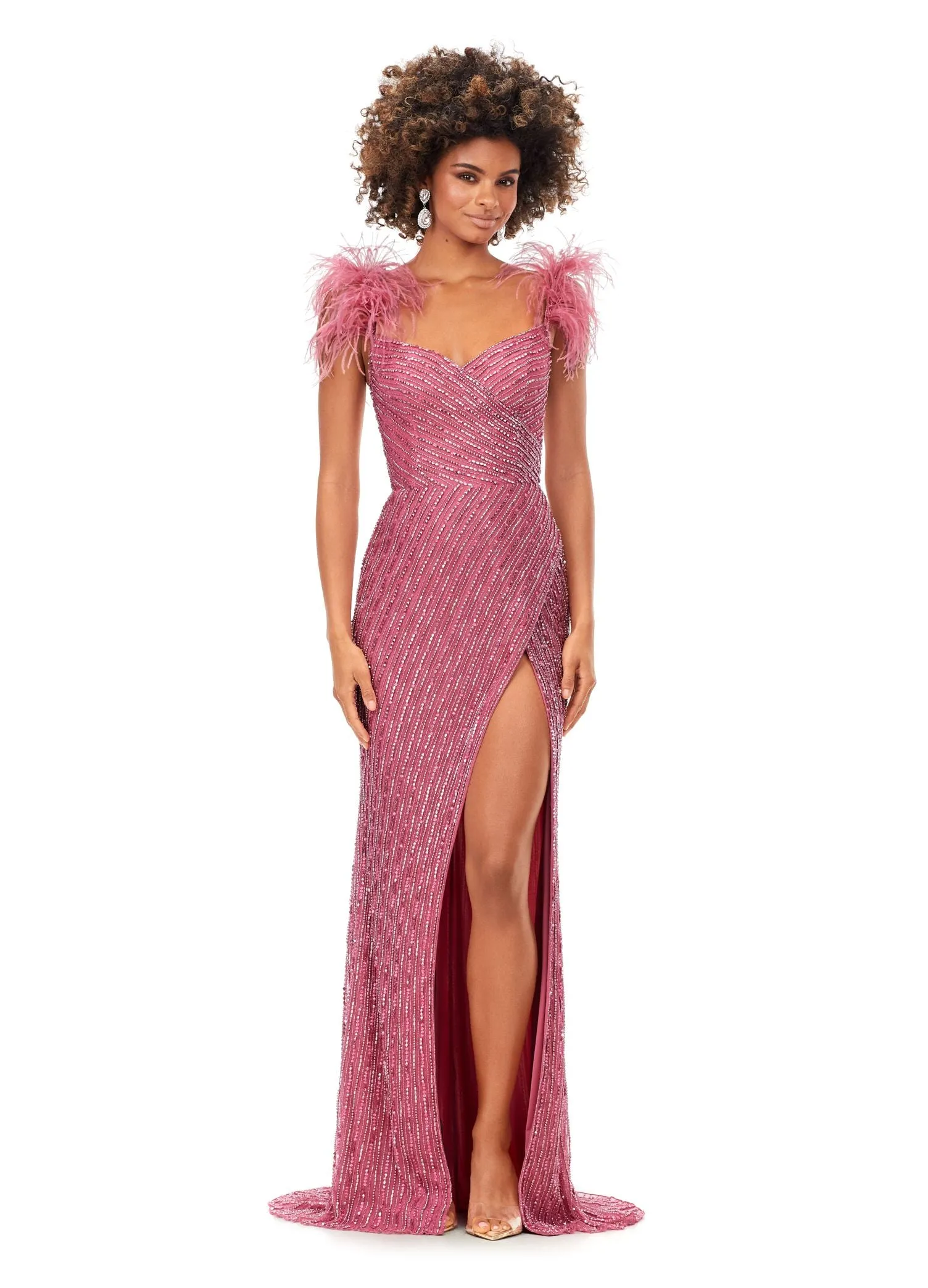 Ashley Lauren 11367 Fully Beaded Gown with Feather Straps