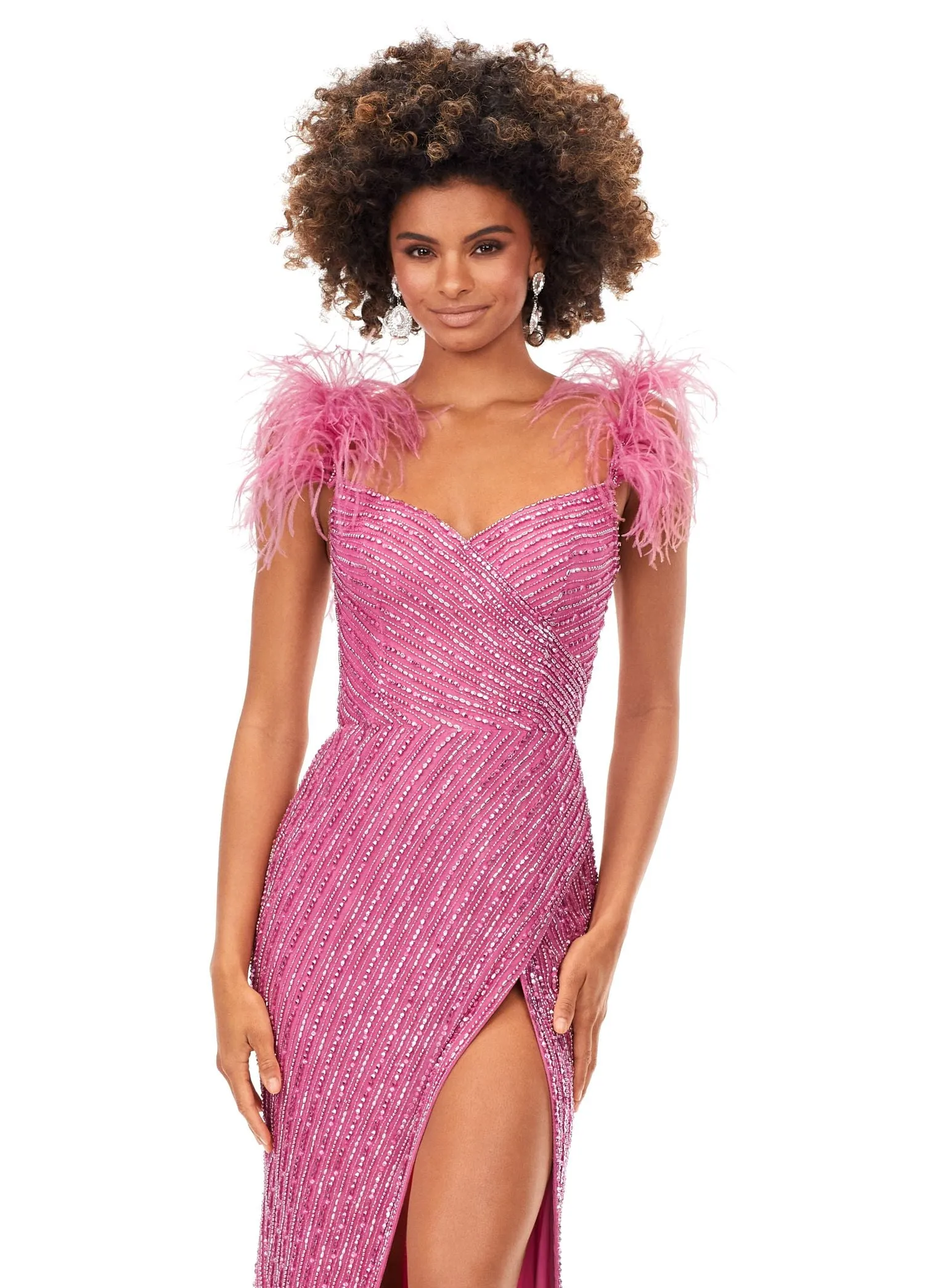 Ashley Lauren 11367 Fully Beaded Gown with Feather Straps