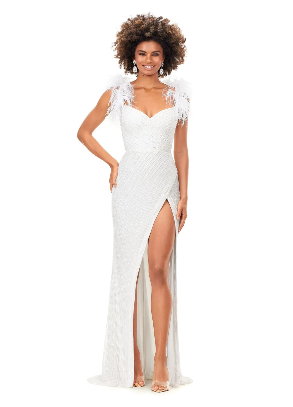 Ashley Lauren 11367 Fully Beaded Gown with Feather Straps