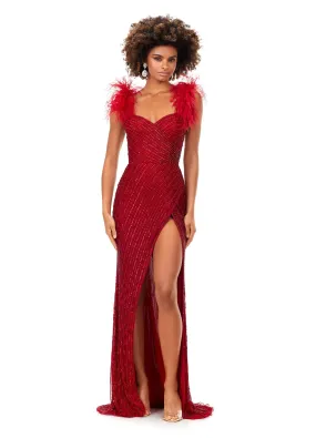 Ashley Lauren 11367 Fully Beaded Gown with Feather Straps