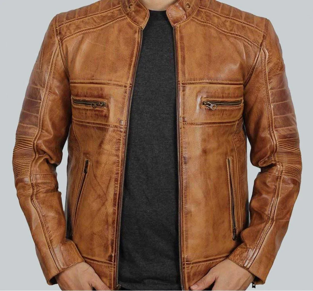 Austin Men's Cafe Racer Lambskin Tan Leather Jacket