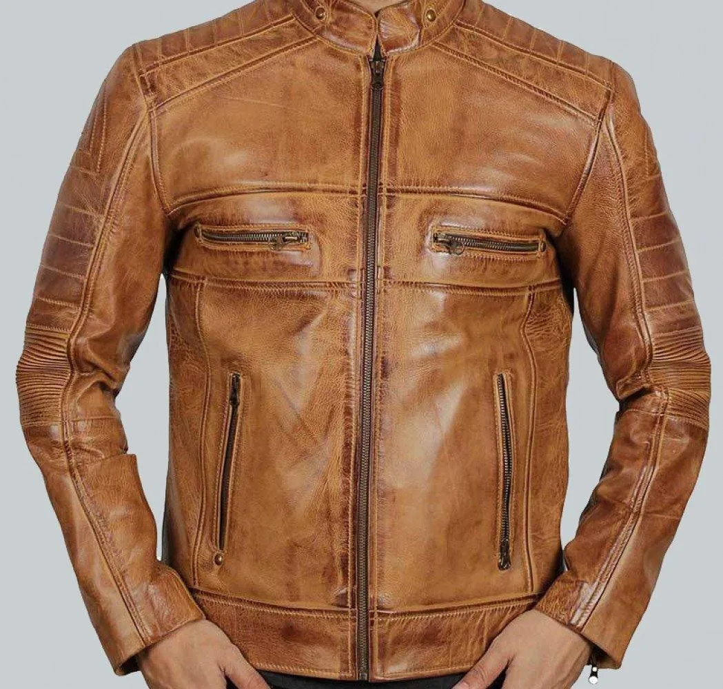 Austin Men's Cafe Racer Lambskin Tan Leather Jacket