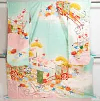 Baby Blue Wedding Cart Furisode - Vintage Silk Japanese Kimono - Shippo, Kikko, Clouds, Bamboo