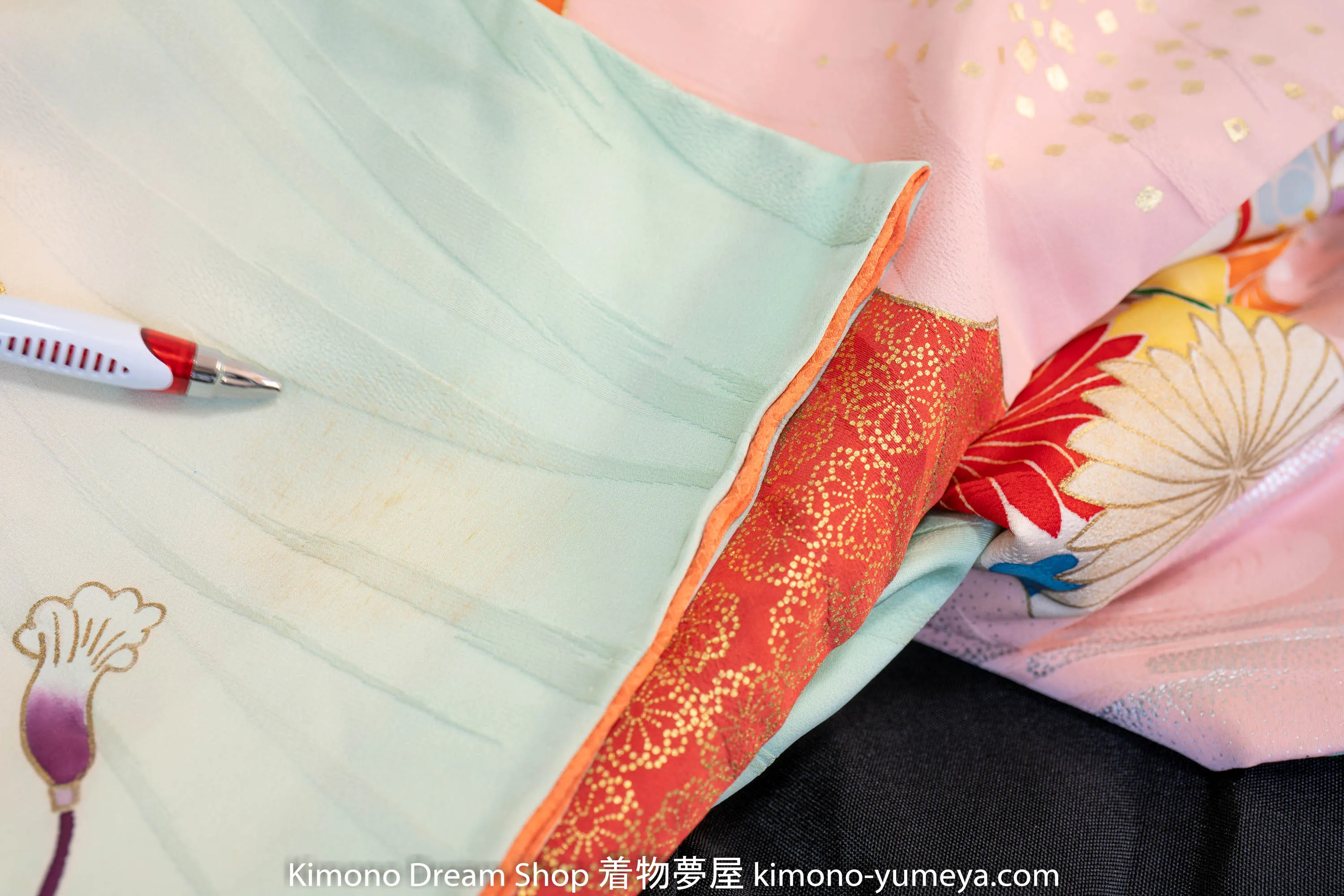 Baby Blue Wedding Cart Furisode - Vintage Silk Japanese Kimono - Shippo, Kikko, Clouds, Bamboo