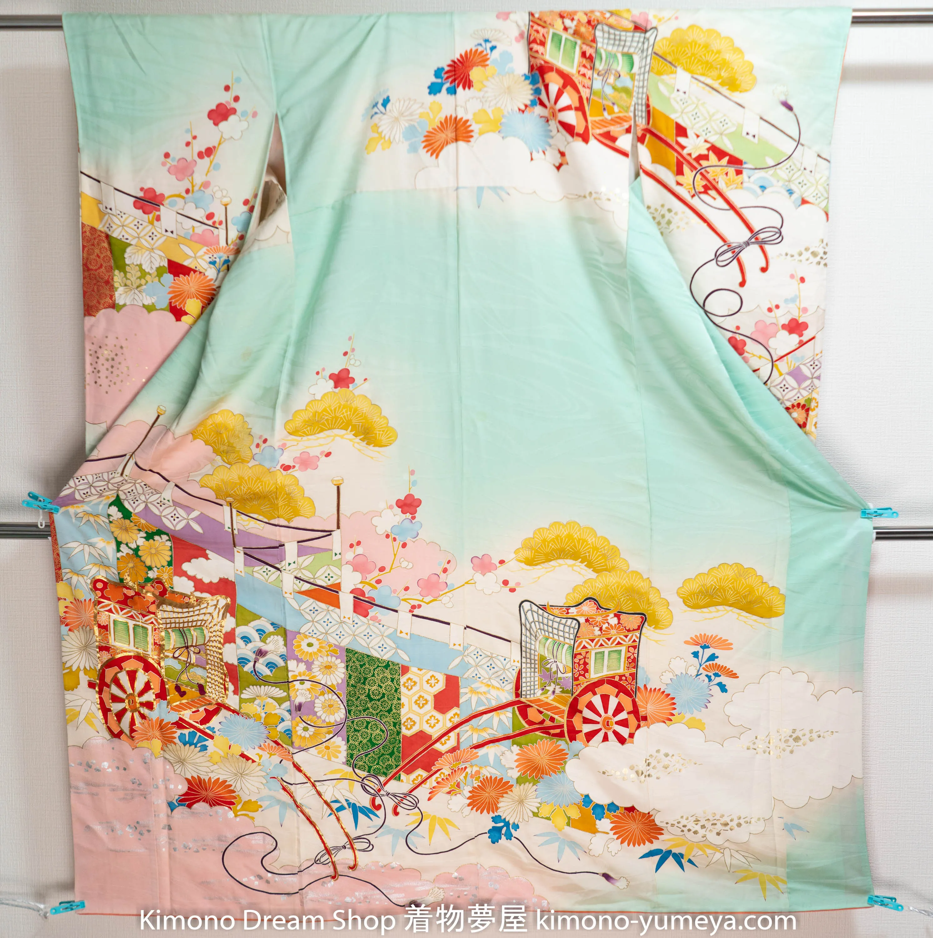 Baby Blue Wedding Cart Furisode - Vintage Silk Japanese Kimono - Shippo, Kikko, Clouds, Bamboo