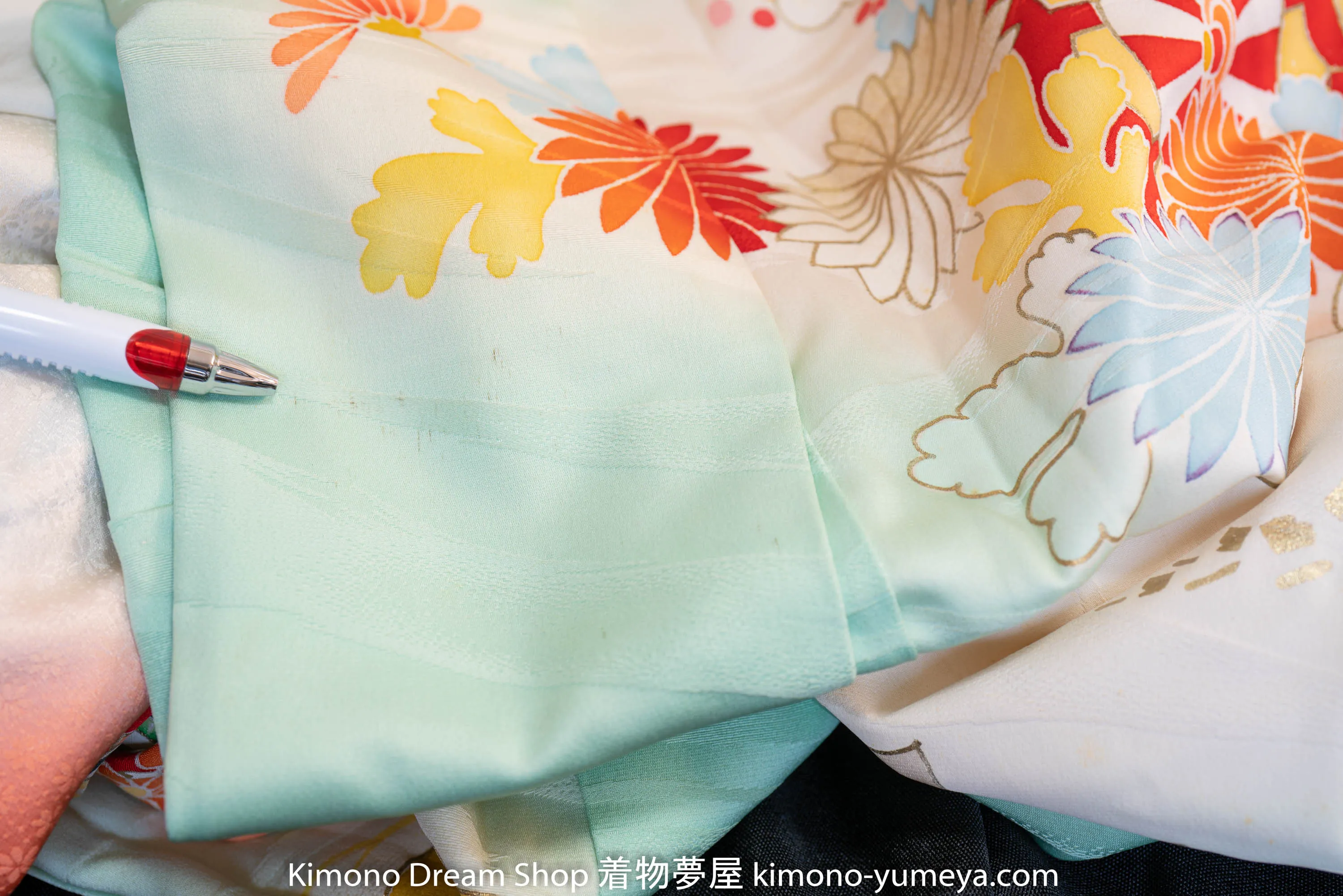 Baby Blue Wedding Cart Furisode - Vintage Silk Japanese Kimono - Shippo, Kikko, Clouds, Bamboo