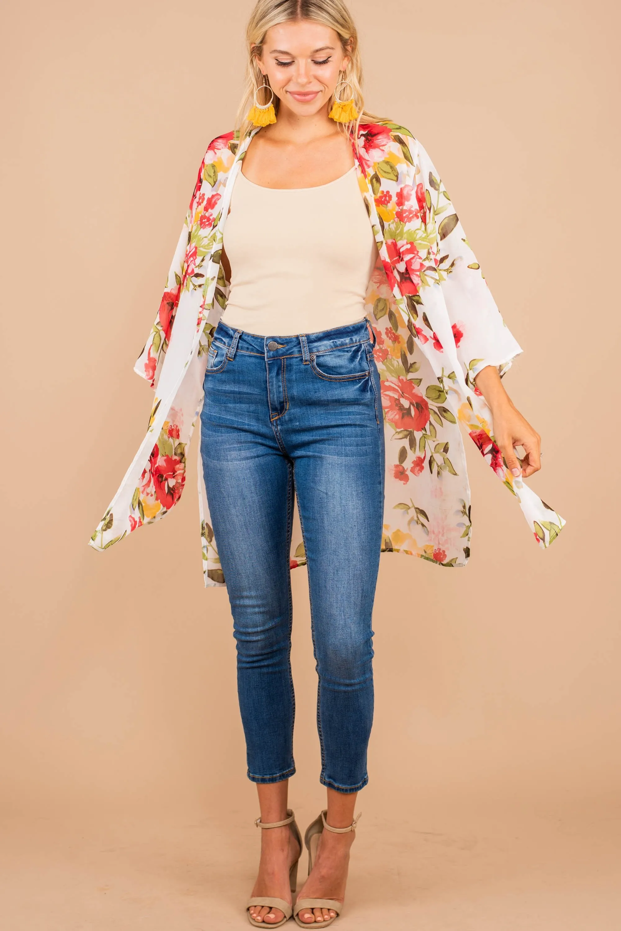 Back To Beauty Ivory White Floral Kimono