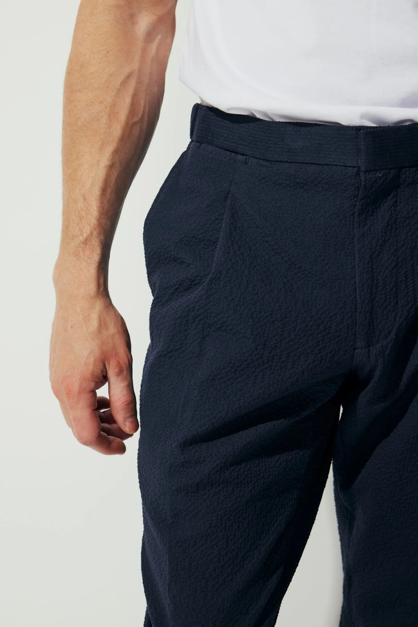 Bailey Trouser - Navy Cotton Seersucker