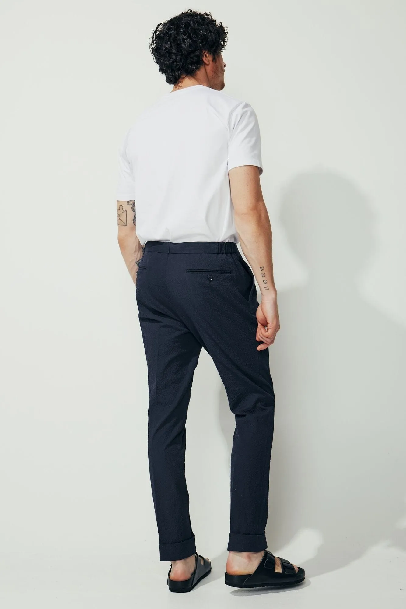 Bailey Trouser - Navy Cotton Seersucker