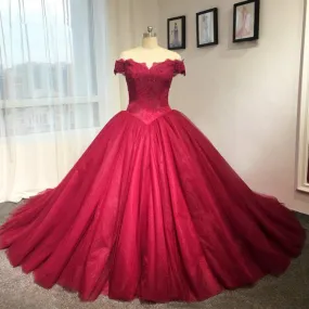 Ball Gown Off Shoulder Sleeve Burgundy Lace Wedding Dress