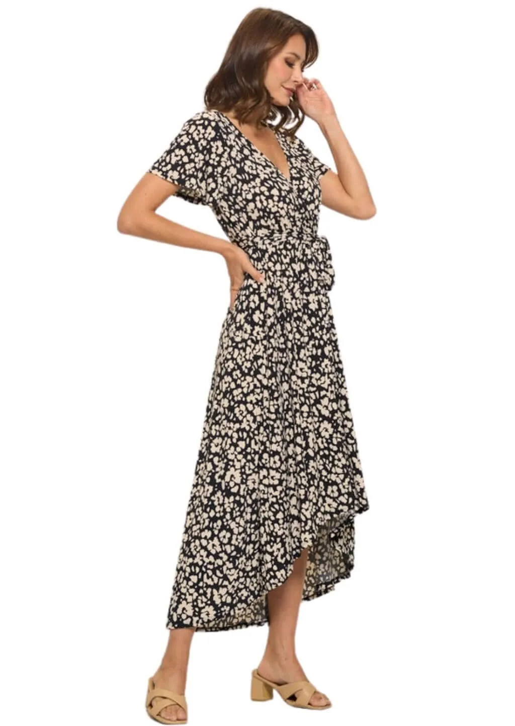 Black & Tan Floral Printed Maxi Dress Made in USA