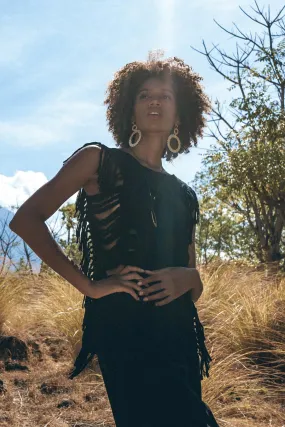 Black Bohemian Top with Tassels Sides