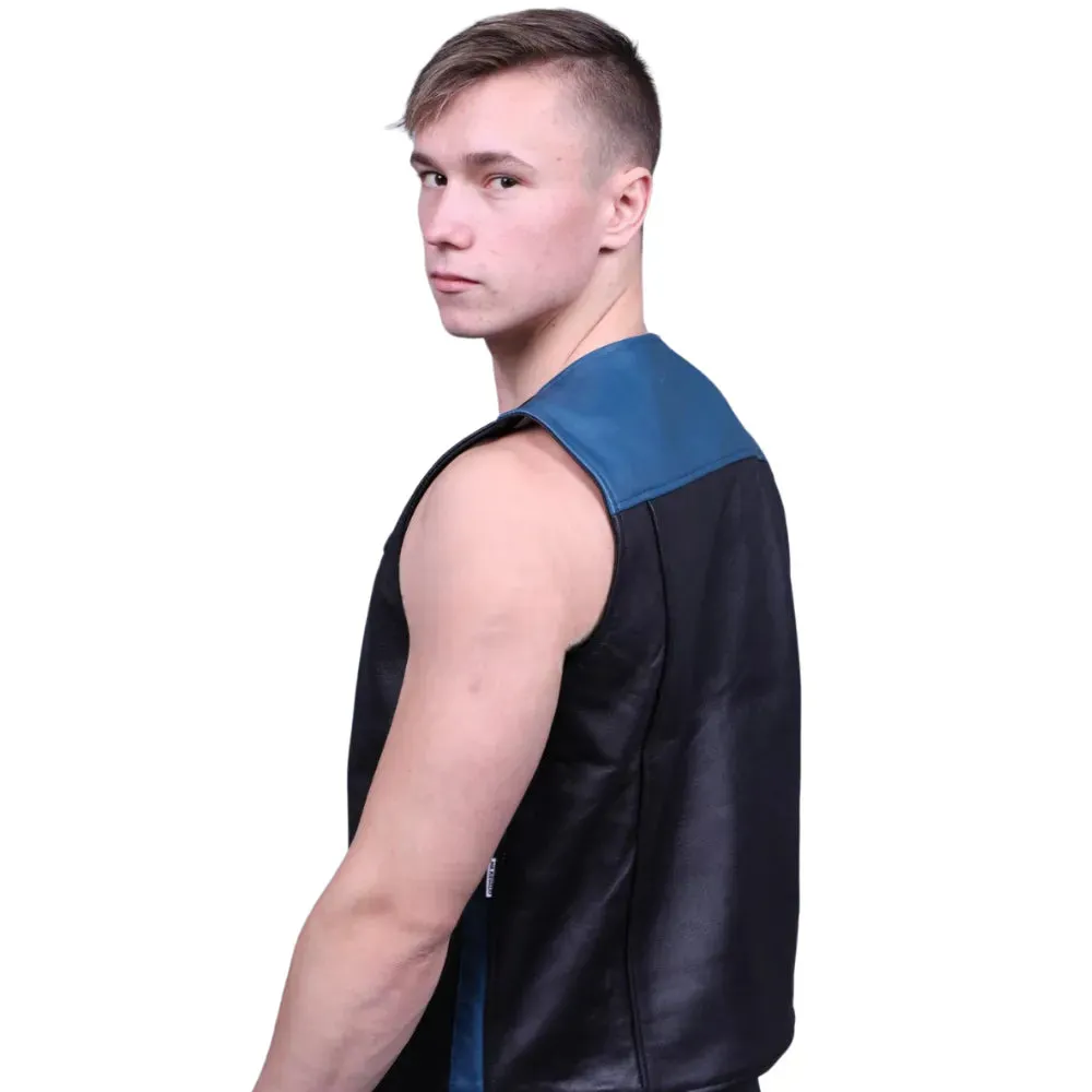 Black Gay Leather Zipper Vest With Blue Panels