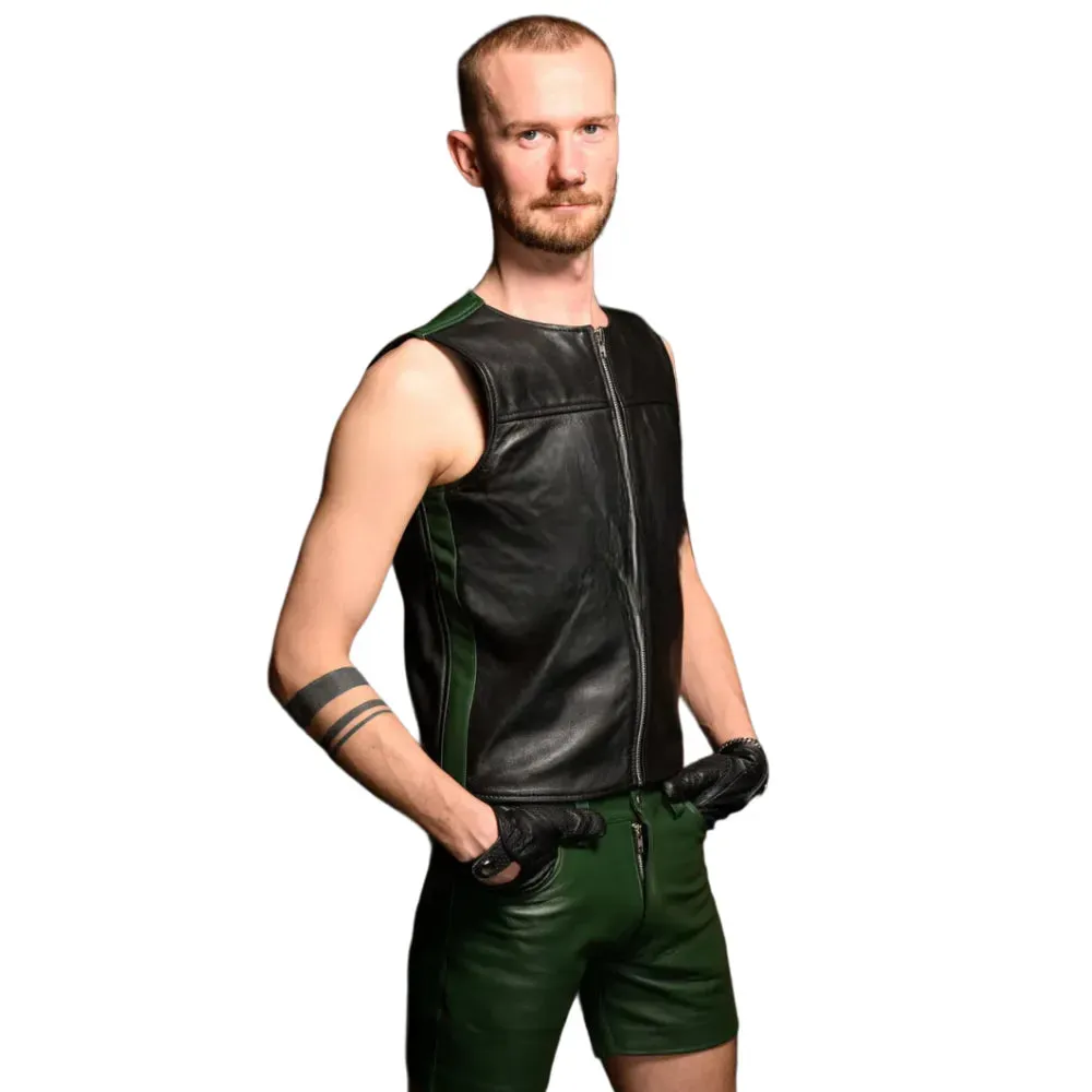 Black Gay Leather Zipper Vest With Green Panels