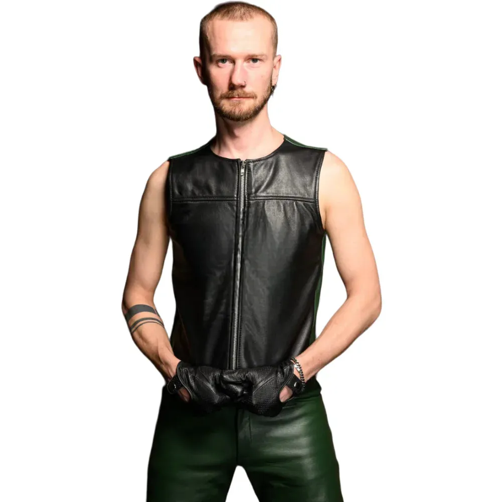 Black Gay Leather Zipper Vest With Green Panels