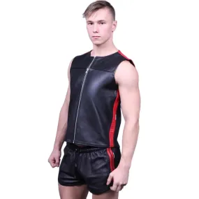 Black Gay Leather Zipper Vest With Red Panels