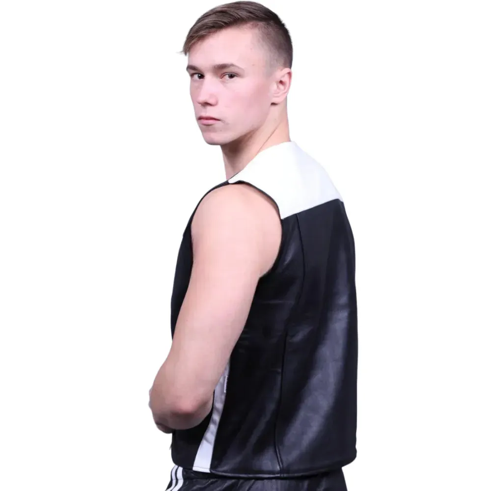 Black Gay Leather Zipper Vest With White Panels