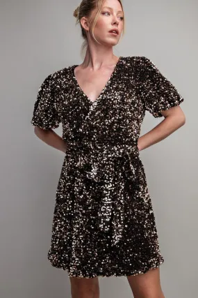 Black Short Sleeve Sequin Wrap Mini Dress