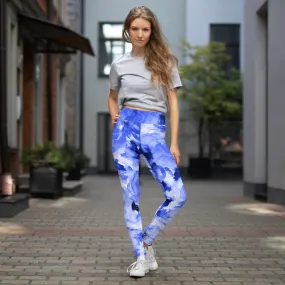 Blue Floral Print Yoga Leggings, Flower Rose Printed Women's Long Gym Tights-Made in USA/EU/MX