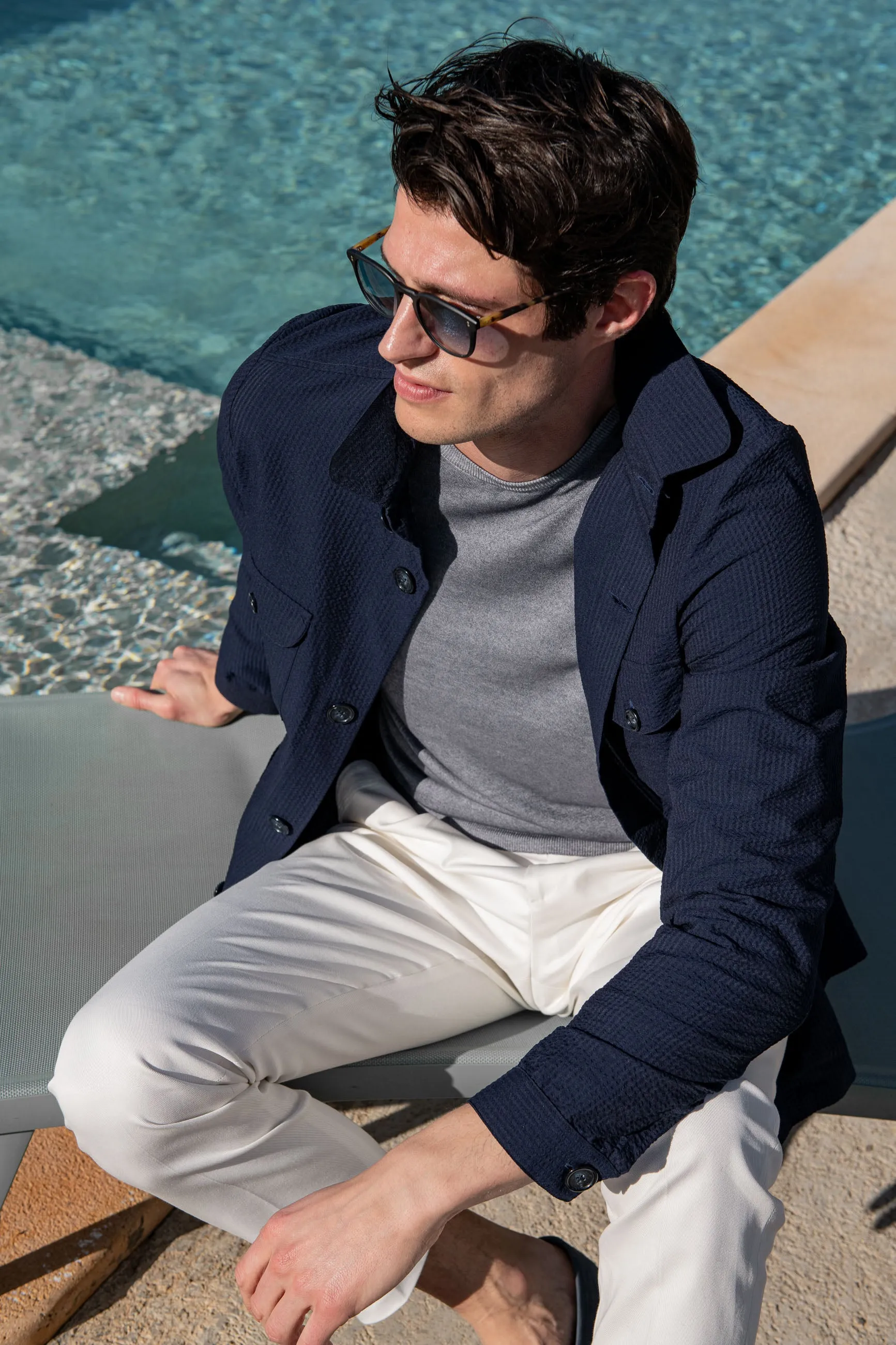 Blue Safari Jacket in Loro Piana seersucker – Made in Italy