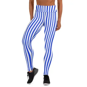 Blue White Striped Yoga Leggings, Vertically Stripes Best Women's Long Tights-Made in USA/EU/MX