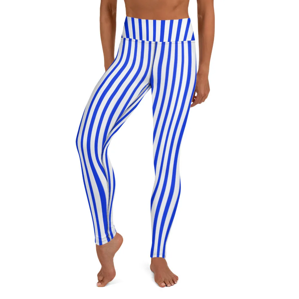 Blue White Striped Yoga Leggings, Vertically Stripes Best Women's Long Tights-Made in USA/EU/MX