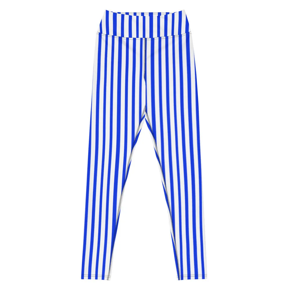 Blue White Striped Yoga Leggings, Vertically Stripes Best Women's Long Tights-Made in USA/EU/MX