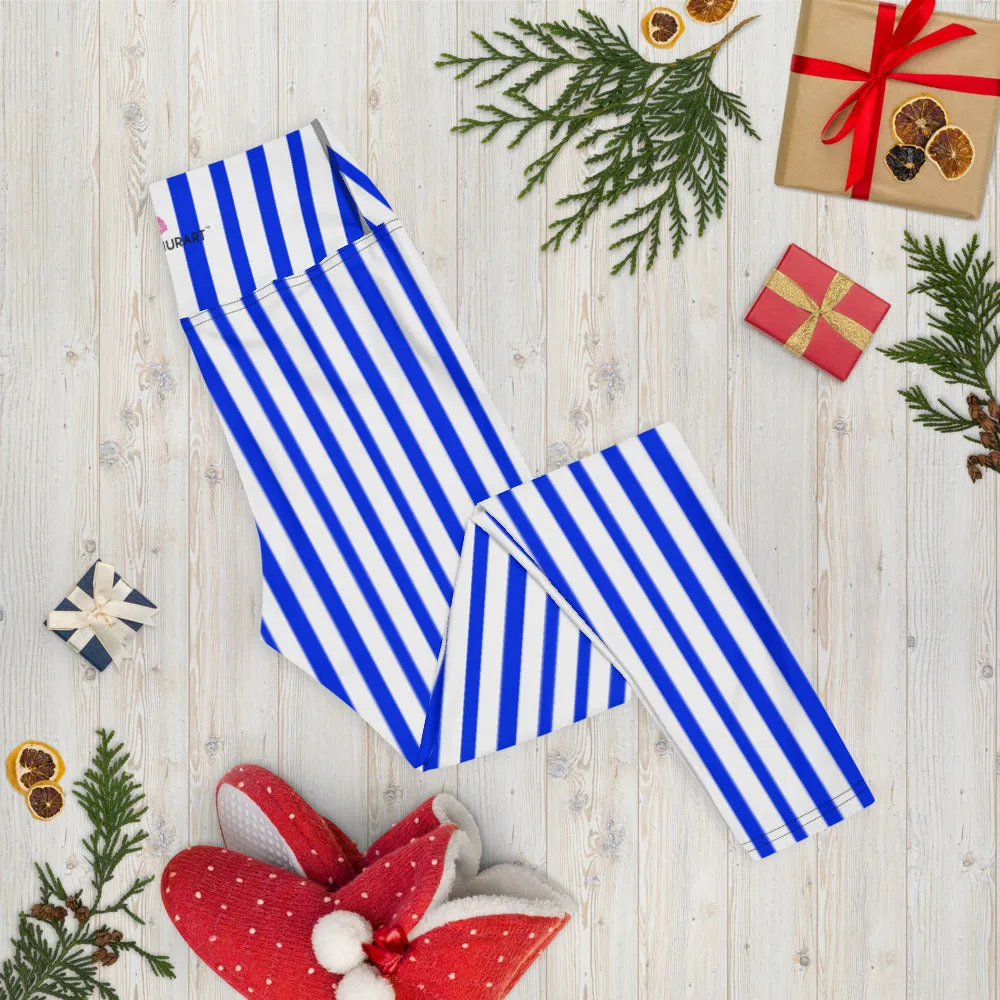 Blue White Striped Yoga Leggings, Vertically Stripes Best Women's Long Tights-Made in USA/EU/MX