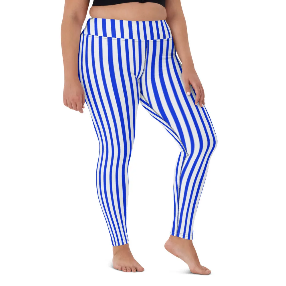 Blue White Striped Yoga Leggings, Vertically Stripes Best Women's Long Tights-Made in USA/EU/MX