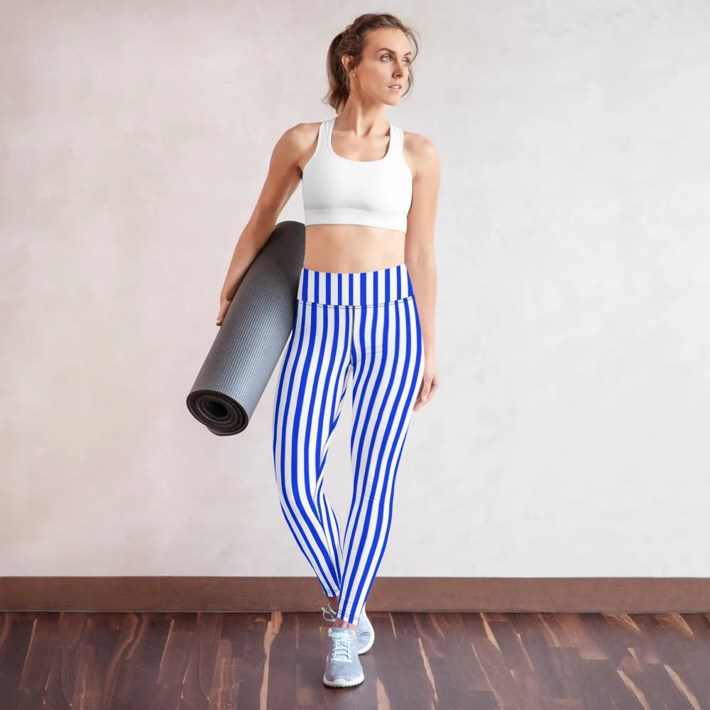 Blue White Striped Yoga Leggings, Vertically Stripes Best Women's Long Tights-Made in USA/EU/MX