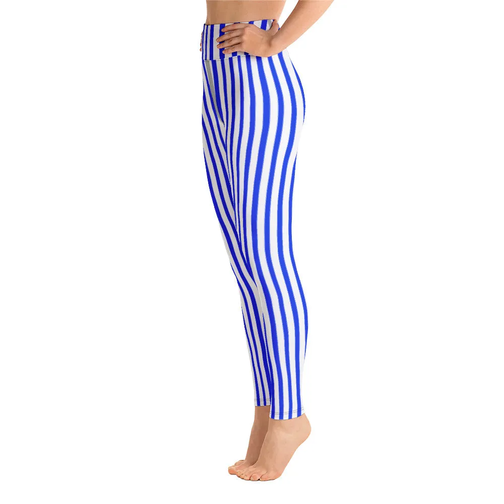 Blue White Striped Yoga Leggings, Vertically Stripes Best Women's Long Tights-Made in USA/EU/MX